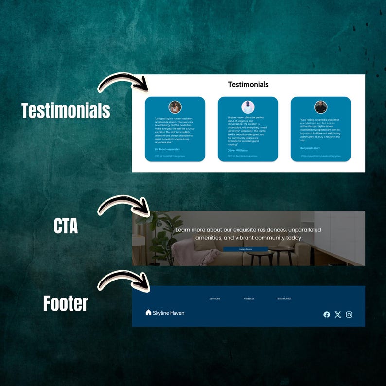 Figma landing page website template for condominium and real estate rental business. Editable and customizable one-page website design for condos, apartments, and realtors. Downloadable Figma file ideal for showcasing rental properties and building.