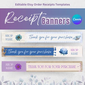 Etsy Receipt Banner Templates | Order Banner Editable in Canva | Cute Floral Thank You Receipt | Store Seller Feminine Purple Blue Branding