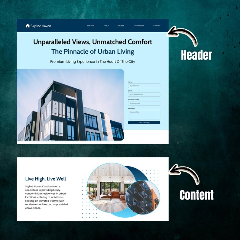 Figma landing page website template for condominium and real estate rental business. Editable and customizable one-page website design for condos, apartments, and realtors. Downloadable Figma file ideal for showcasing rental properties and building.