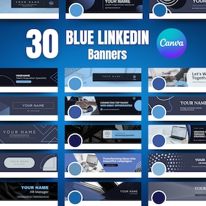 Puede incluir: Una colección de 30 plantillas de banner de LinkedIn azules diseñadas en Canva. Los banners presentan varios diseños con colores azul, negro y blanco, incluyendo formas geométricas, texto e imágenes. El texto en los banners incluye "Blue LinkedIn Banners", "Canva" y "Let's Work Together".