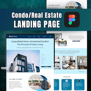 Figma landing page website template for condominium and real estate rental business. Editable & customizable one-page website etsy design for condos, apartments, and realtors. Downloadable Figma file ideal for rental properties and building.