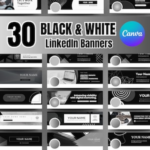 以下が含まれることがあります： Canvaでデザインされた、白黒のLinkedInバナーテンプレート30個。バナーには、幾何学模様、テキスト、画像が使用されています。バナーのテキストには、「戦略的マーケティングによる成長の創出」、「デジタルマーケティングによる可視性の向上」、「素晴らしい機会を持つトップ人材とのつながり」、「あなたの名前」などが含まれています。