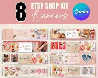Puede incluir: Ocho plantillas de banner de tienda Etsy con un tema romántico blush. Los banners presentan diseños florales, corazones y texto que dice "Romantic Blush".