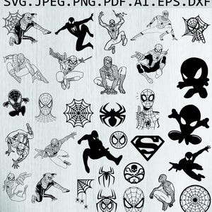 Puede incluir: Una colección de gráficos vectoriales de Spider-Man en blanco y negro. Las imágenes incluyen varias poses de Spider-Man, telarañas y símbolos de arañas. La parte superior de la imagen incluye el texto: SVG. JPEG. PNG. PDF. AI. EPS. DXF.