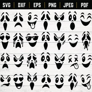 May include: A digital collection of twenty-eight black graphic ghost face expressions arranged in four rows. The set includes various emotions like crying, laughing, winking, and surprised faces. The top header displays the file formats SVG, DXF, EPS, PNG, JPEG, and PDF.