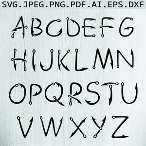 May include: Black alphabet letters, each designed as a fishing hook, from A to Z. The letters are displayed on a light wood-grain background. The file types SVG, JPEG, PNG, PDF, AI, EPS, and DXF are listed at the top.
