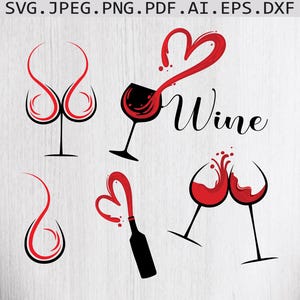 May include: A set of five wine-themed illustrations. The illustrations feature wine glasses, wine bottles, and wine-related designs. The word "Wine" is written in cursive.