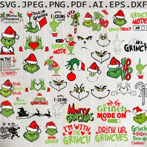 Peut inclure: Une collection de 30 images clipart numériques mettant en scène le Grinch, un personnage de Noël populaire. Les images présentent diverses expressions, poses et dictons liés au Grinch, tels que "Grinch Mode On", "Drink Up Grinches" et "Merry Grinchmas".