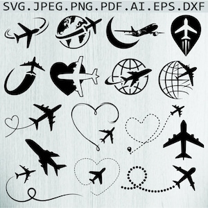 Op de afbeelding: Een set van 16 zwart-witte vectorillustraties van vliegtuigen, harten en globes. De illustraties zijn perfect voor gebruik in reis-themaontwerpen, scrapbooking of digitale projecten.