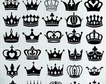 May include: A collection of black crown designs in various styles. The crowns include different shapes, embellishments, and sizes, suitable for digital design projects. The image also includes file type information: SVG, JPEG, PNG, PDF, AI, EPS, and DXF.