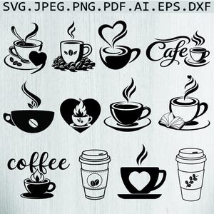 Può includere: Una collezione di dodici illustrazioni vettoriali in bianco e nero con tazze da caffè, mug e contenitori da asporto con vapore, cuori, chicchi di caffè e libri. Il testo SVG.JPEG.PNG.PDF.AI.EPS.DXF appare in alto, con coffee e Cafe.