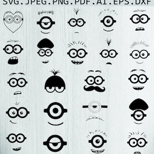 May include: A set of 20 black and white Minion character face illustrations. The faces have different expressions, including happy, sad, surprised, and angry.