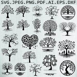 Puede incluir: Una colección de 20 diseños de siluetas de árboles en blanco y negro. Los árboles son de varios estilos, incluyendo en forma de corazón, circulares y tradicionales. Algunos árboles tienen raíces, mientras que otros tienen ramas con hojas. Los diseños son perfectos para crear arte de árbol genealógico, decoraciones de boda u otras manualidades.