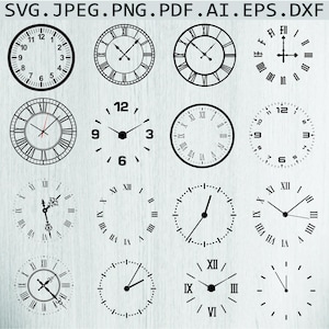 May include: A set of 16 black and white clock face illustrations. The clock faces are in various styles, including Roman numeral, Arabic numeral, and minimalist designs. The clock faces are all circular and have a black outline.