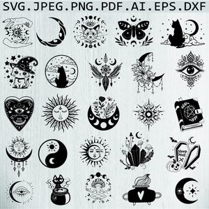 Puede incluir: Un conjunto de 20 ilustraciones en blanco y negro que presentan varios símbolos místicos y ocultos, incluyendo lunas, estrellas, gatos, cristales y un sombrero de bruja. Las ilustraciones son perfectas para usar en manualidades, scrapbooking o diseño digital.