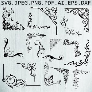May include: A collection of black floral corner designs in various styles. The designs include swirls, leaves, and butterfly motifs, suitable for digital art projects. The image includes the text: SVG. JPEG. PNG. PDF. AI. EPS. DXF.