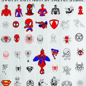 May include: A collection of various Spider-Man-themed graphics in red, blue, black, and white. The images include full body poses, masks, spider webs, and the Spider-Man logo. The top of the image has the text: SVG. JPEG. PNG. PDF. AI. EPS. DXF.