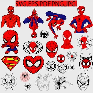 Paquete de imágenes prediseñadas de Spiderman (SVG), imágenes prediseñadas de Spiderman, silueta de Spiderman, archivos de corte de Spiderman para circuito, silueta
