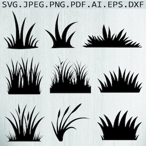 Peut inclure: Illustrations de silhouettes noires de différents modèles d'herbes et de plantes. L'image comprend neuf modèles d'herbes différents, chacun avec des formes et des arrangements uniques. Le haut de l'image contient le texte : SVG. JPEG. PNG. PDF. AI. EPS. DXF.