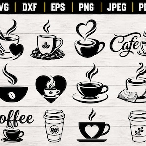 Puede incluir: Una colección de doce iconos gráficos en blanco y negro que muestran tazas de café, tazas y recipientes para llevar con vapor, corazones, granos de café y un libro abierto. El texto "Cafe" y "coffee" se incluye en dos de los diseños.