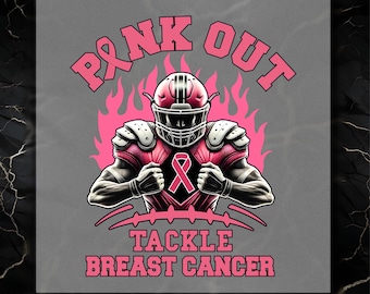 Puede incluir: Ilustración digital de un jugador de fútbol americano con equipamiento rosa, un lazo rosa, llamas y las palabras "PINK OUT" y "TACKLE BREAST CANCER". Sobre un fondo gris.