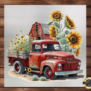 May include: A red vintage pickup truck with a wooden bed is filled with sunflowers. The truck is parked in front of a red barn with a white roof. The sunflowers are in full bloom and have yellow petals and brown centers.