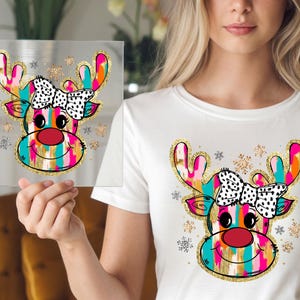 Christmas Reindeer DTF Transfer, Vibrant Reindeer with Bow, Ideal for Festive Apparel, Easy DIY Iron-On, Ready to Press