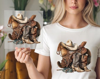 Cowboy Gear Still Life DTF Transfer: Rustic Ranch Equipment Apparel Graphic