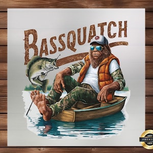 Funny Bassquatch Outdoors DTF Transfer, Fishing Theme, Ready to Press, Iron on Decal, Custom Tee, DIY Craft, Easy Application, Durable Print