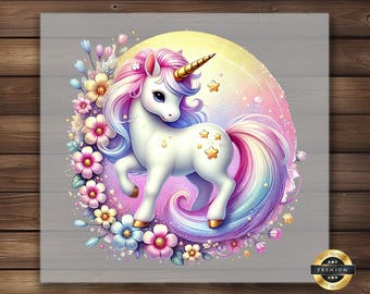May include: A white unicorn with a pink and blue mane and tail stands on a pink and purple background surrounded by colorful flowers. The unicorn has a gold horn and stars on its body.