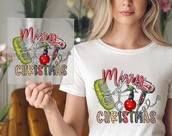 Christmas Hair Stylist DTF Transfer, Festive Salon Iron-On Design