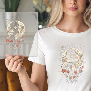 Floral Crescent Moon DTF Transfer: Celestial Faces DIY Clothing