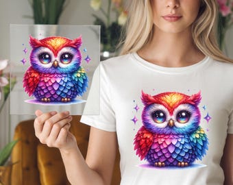 Rainbow Owl DTF Transfer: Sparkly Cosmic Design for Fantasy Apparel