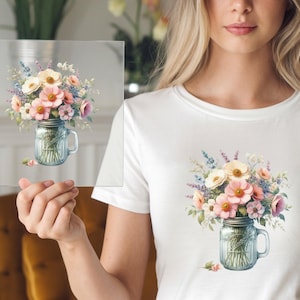 Blush Flower Jar DTF Transfer: Romantic Floral Iron-On Design