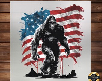 Bigfoot in USA Flag DTF Transfer, Mythical & Patriotic Design, High-Quality Print, Easy Application for a Unique American Look