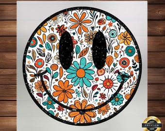 Distressed Smile Face DTF Transfer: Retro Floral Iron On Decal