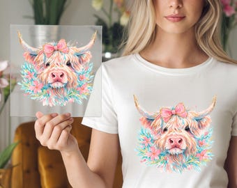 Floral Highland Cow DTF Transfer: Pastel Watercolor Flower Crown Farm Life Western Apparel Design