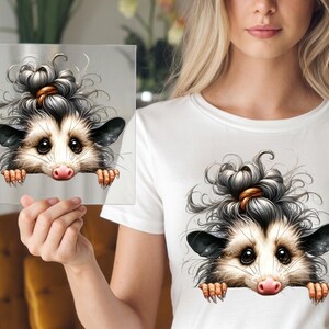 Cartoon Opossum DTF Transfer, Big Eyed Animal with Stylish Hair Bun, Ready to Press, DIY Shirt Idea for Animal Lovers and Creators