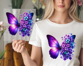 Purple Floral Butterfly DTF Transfer: Lavender Bloom Botanical Wing Apparel
