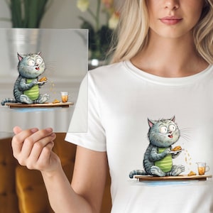 Snack Time Cat DTF Transfer, Quirky Cartoon Print, Ready to Press, DIY Cute Shirt, Silly Foodie Cat