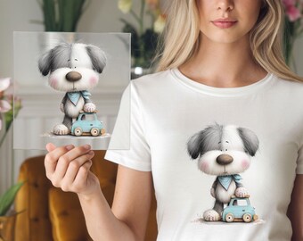 Fluffy Puppy With Toy Car DTF Transfer: Adorable Dog Graphic Apparel (Physical Heat Transfer)