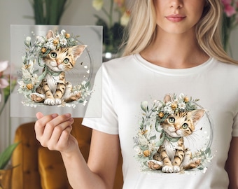 Floral Kitten Cat DTF Transfer: Botanical Cat Watercolor Style Print