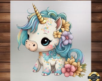 May include: A whimsical illustration of a unicorn with a golden horn, blue and rainbow-colored mane, and large blue eyes. The unicorn is adorned with flowers in shades of pink, yellow, and purple. The unicorn has a white body with colorful speckles.