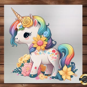 Cute Unicorn Floral DTF Transfer, Enchanted Garden Design for Magical Children&#39;s Wear, Dreamy Fantasy Art for Kids&#39; Clothing and Accessories
