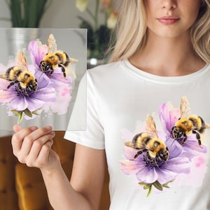 Honey Bee DTF Transfer, Beautiful Bees with Purple Blooms, Ready to Press Nature Shirt Print, DIY Spring Bee Floral Design