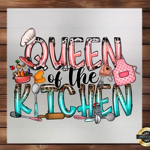 May include: A white metal sign with the text "Queen of the Kitchen" in pink, blue, and black lettering. The text is surrounded by a leopard print pattern and various kitchen tools, including a rolling pin, a whisk, a spatula, and a grater.