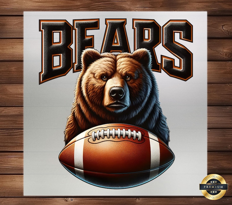 May include: A brown bear holding a football with the word "BEARS" in black and orange letters above the bear.