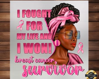 Könnte beinhalten: Eine rosa und weiße Grafik mit dem Text "I FOUGHT FOR MY LIFE AND I WON! breast cancer survivor" und einer Zeichnung einer Frau mit rosa Haaren und einem rosa Band. Der Text ist in einer rosa Glitzer-Schriftart.