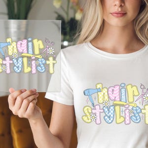 Pastel Hair Stylist DTF Transfer, Ready to Press Salon Shirt Print, Hair Dryer Comb Scissors Cute Design for Hairdresser Gifts