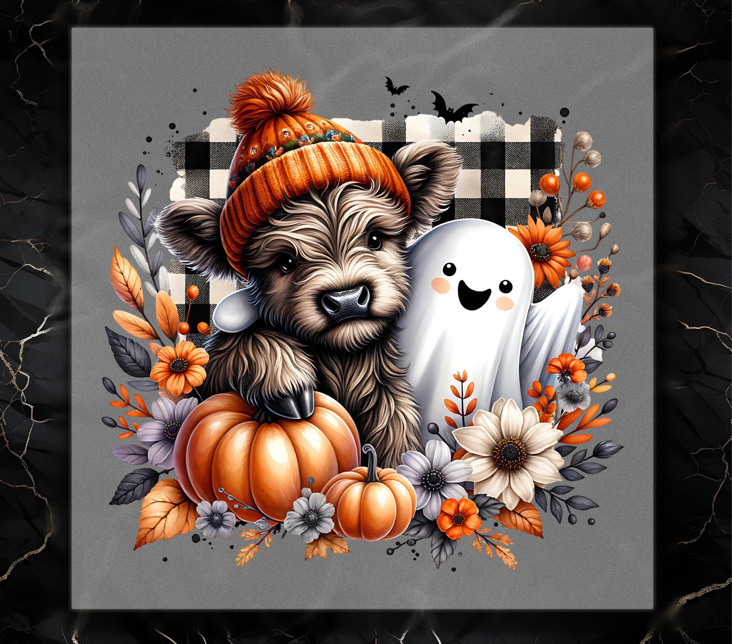 Fall Highland Cow Ghost DTF Transfer, Adorable Autumn Iron-On DIY T-Shirts, Hoodies, and Fall-Themed Crafts, Custom Apparel, Easy Heat Press
